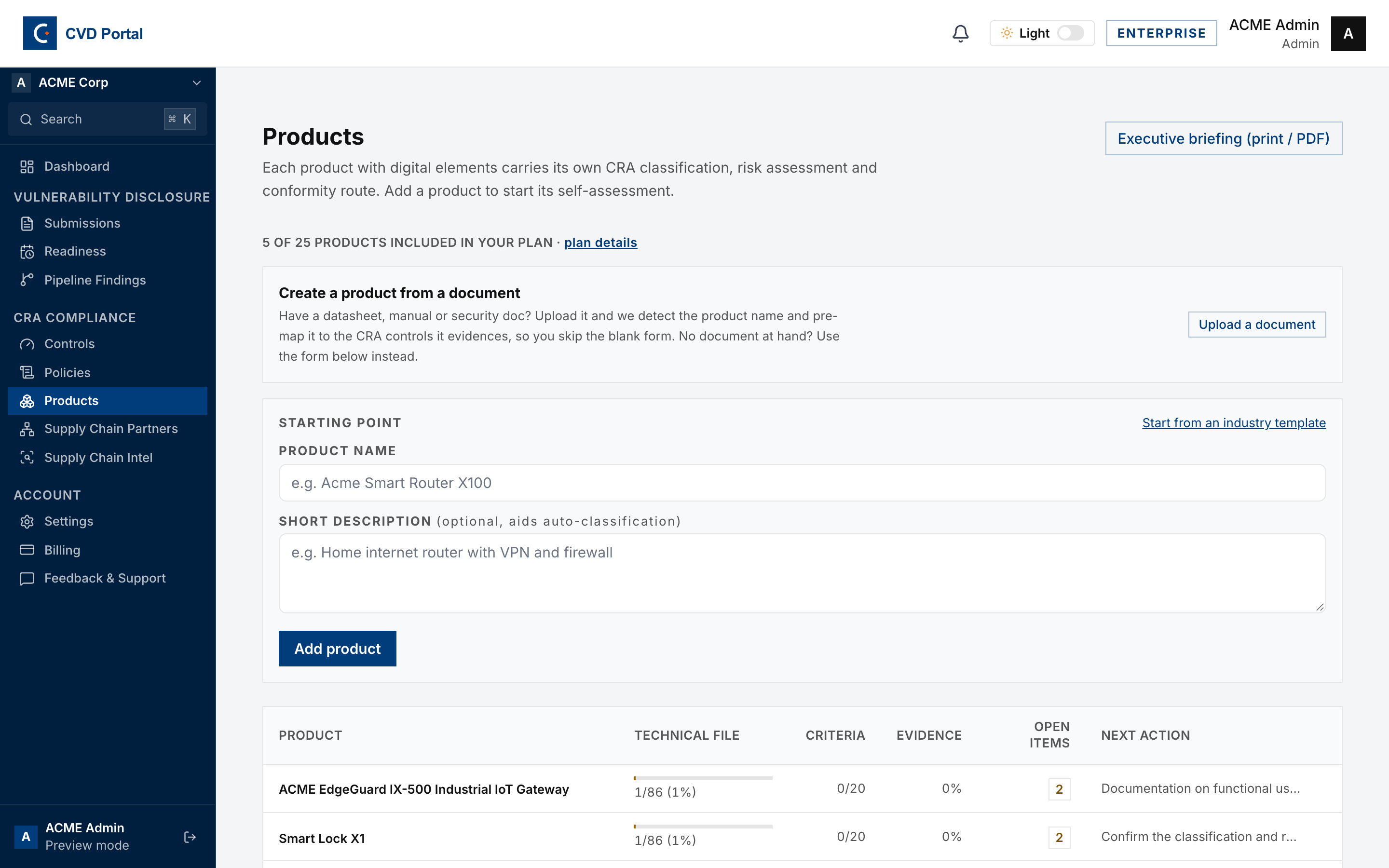The Products page