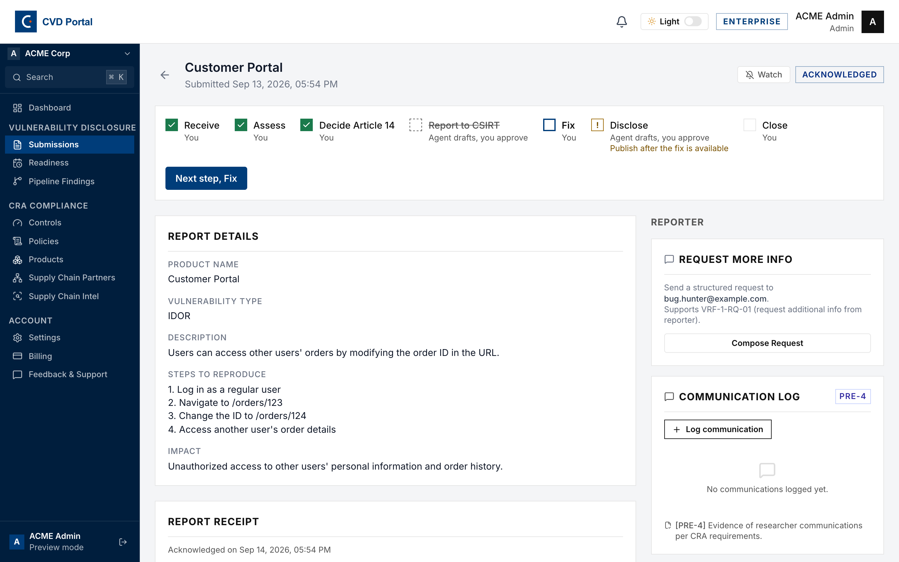A report page with its stage bar