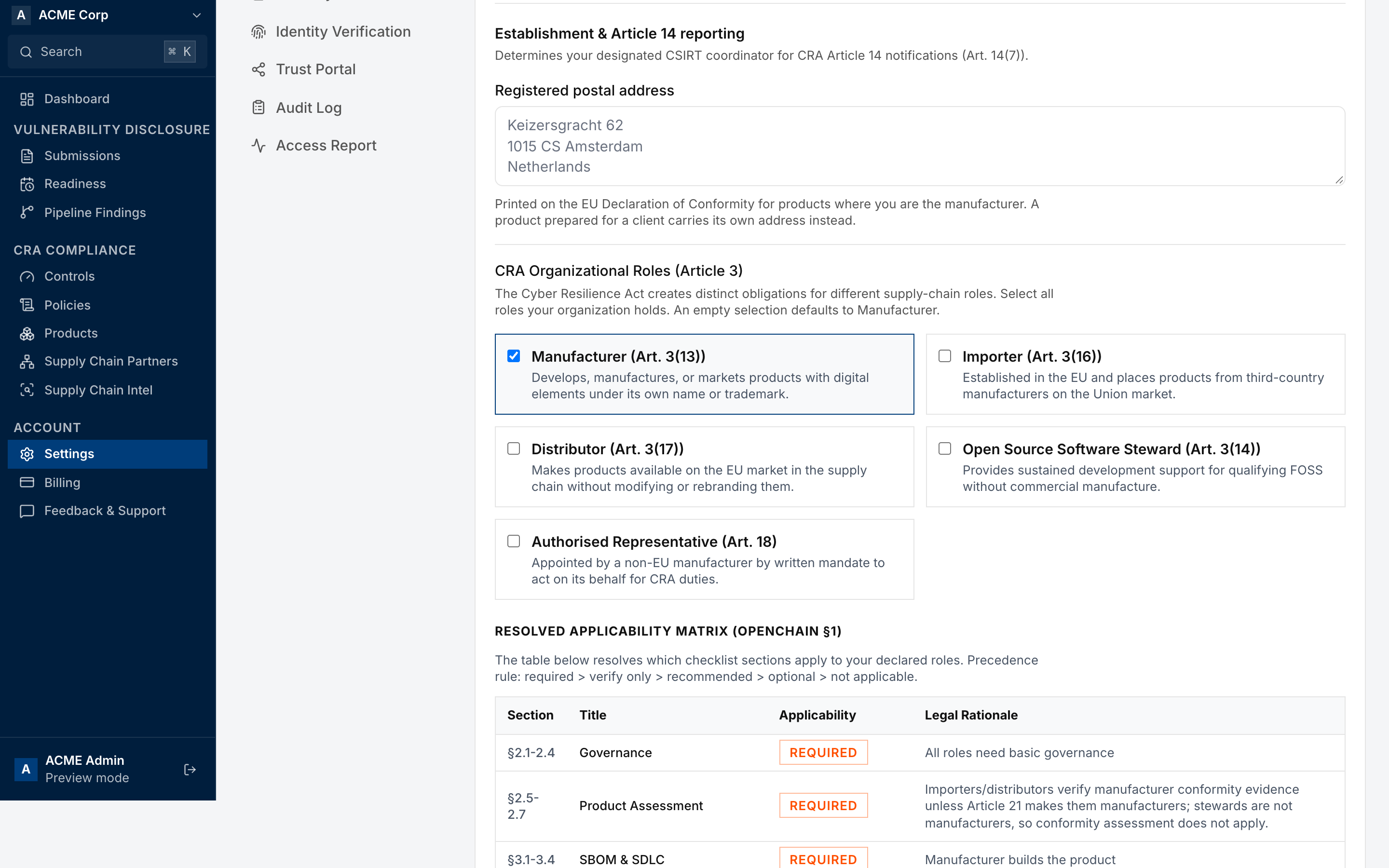 Establishment &amp; Article 14 reporting in Settings