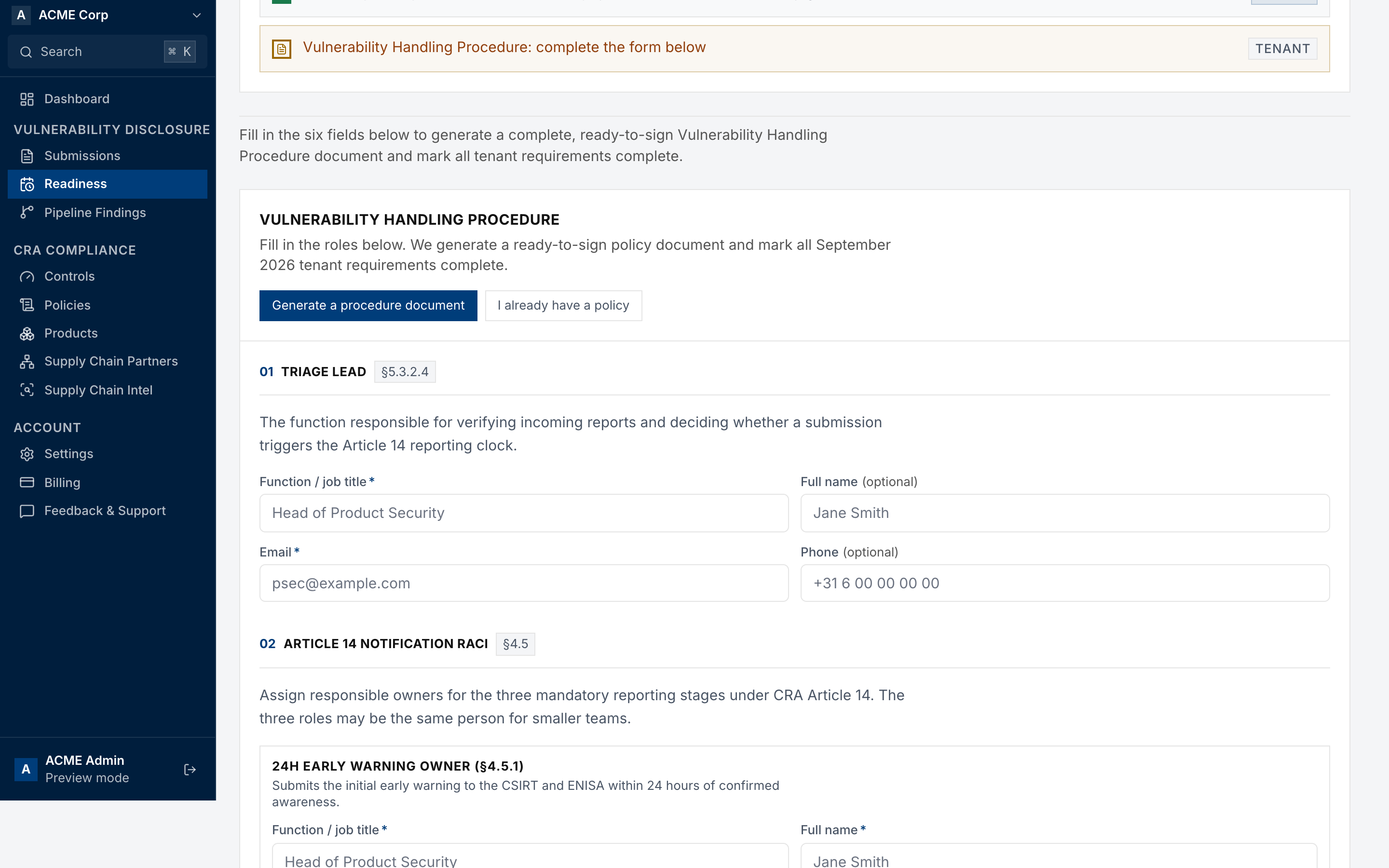 The Vulnerability Handling Procedure form on Readiness