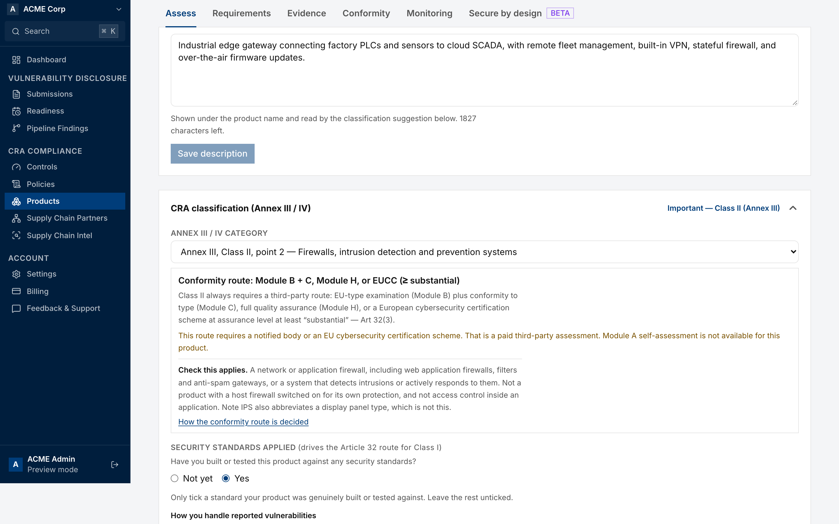 Product description on the Assess tab