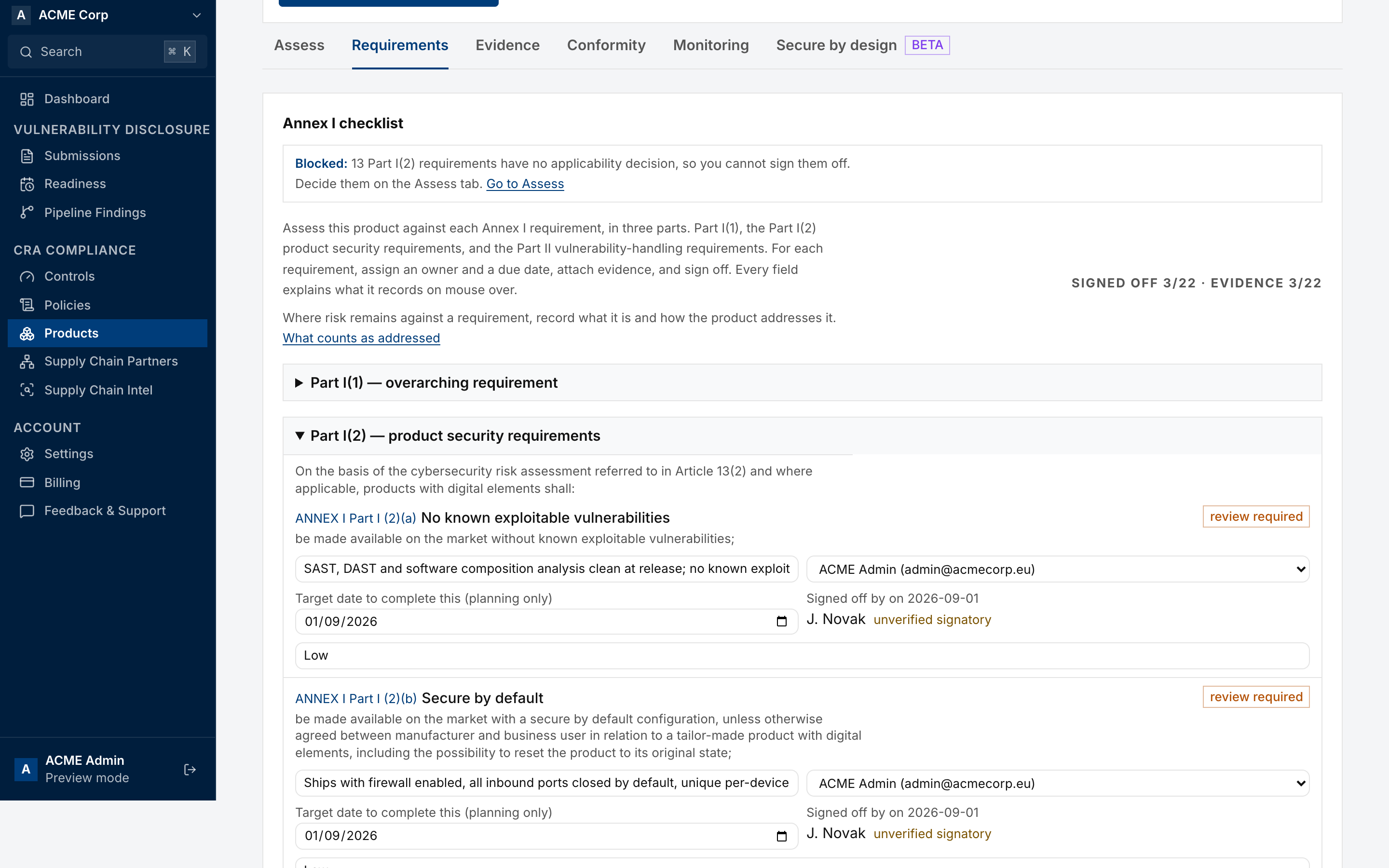 The Annex I checklist on the Requirements tab