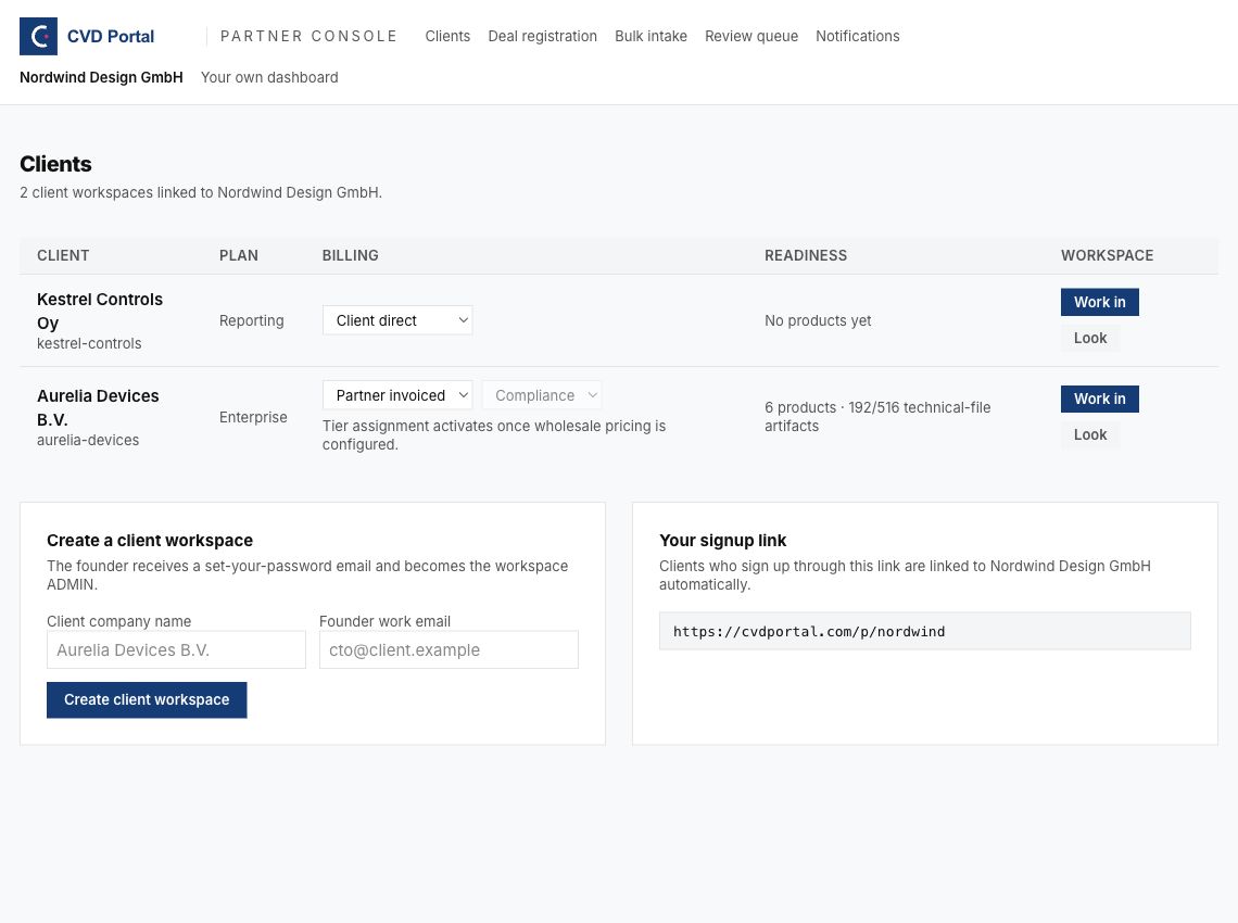 Partner Console client list and navigation