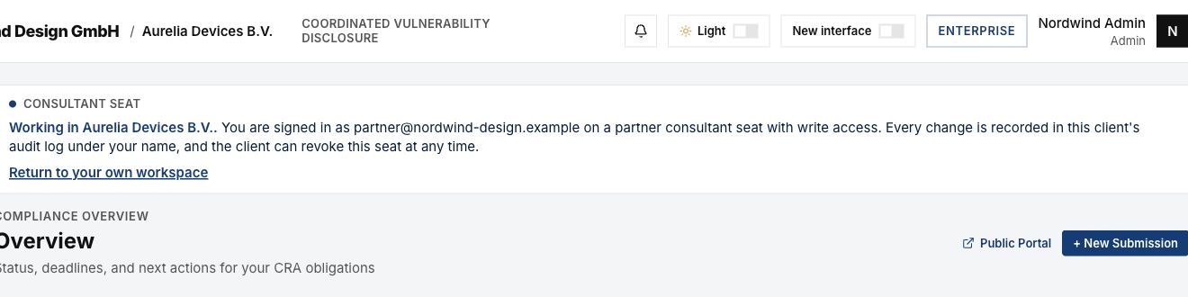 Consultant banner naming the client and partner identity