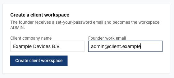 Client company name and Founder work email fields with test details entered