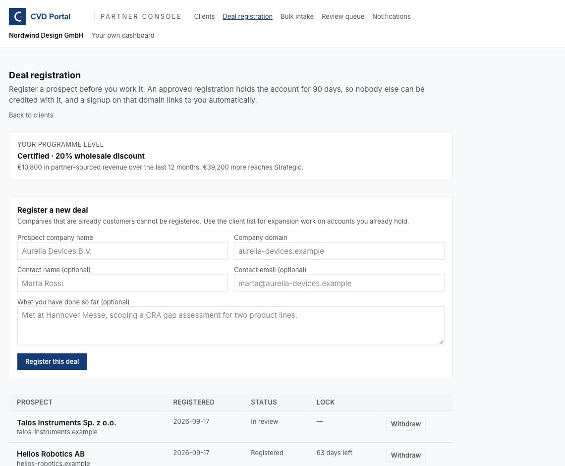 Deal registration form and prospect status table