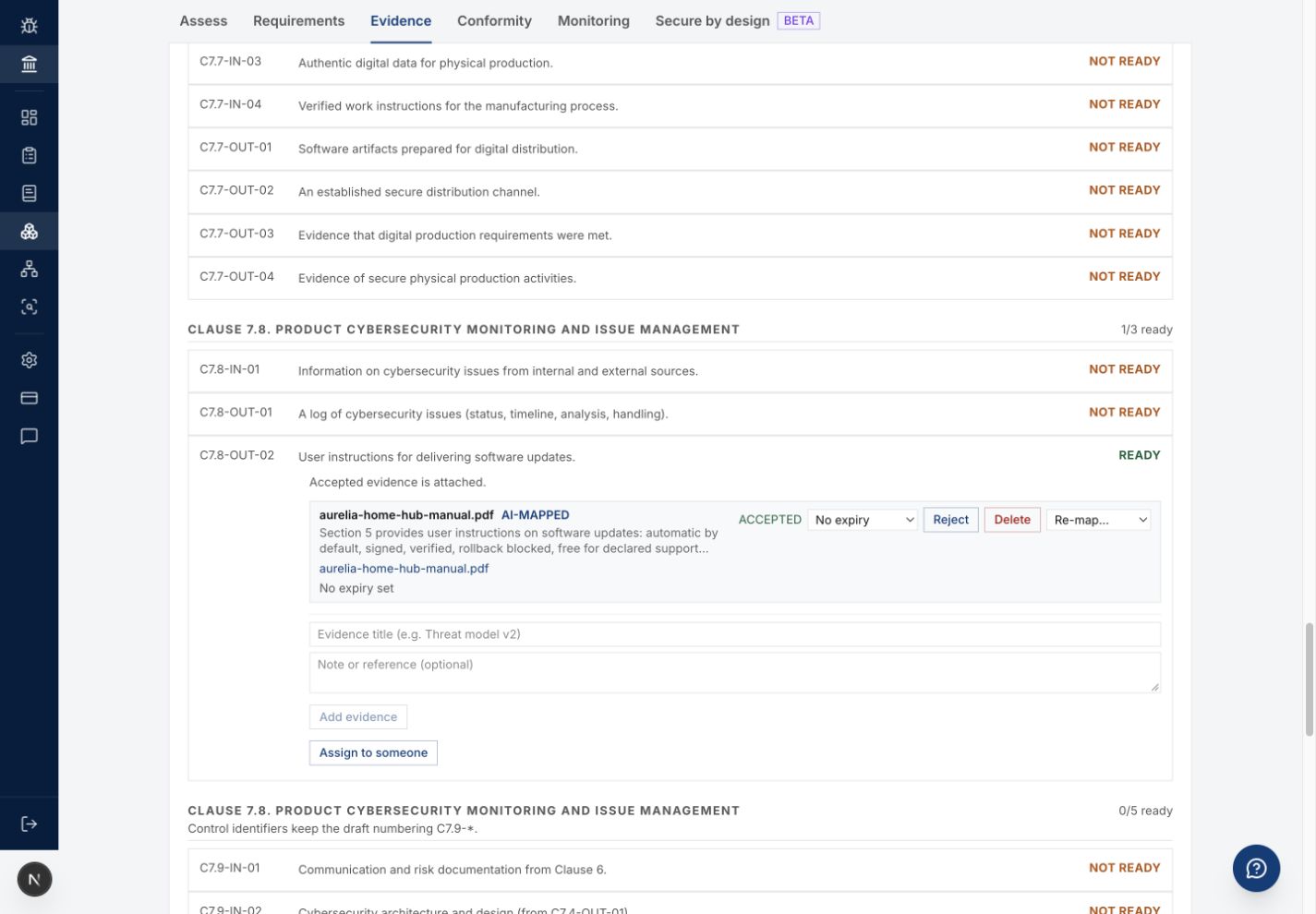 Evidence tab showing control status and evidence review