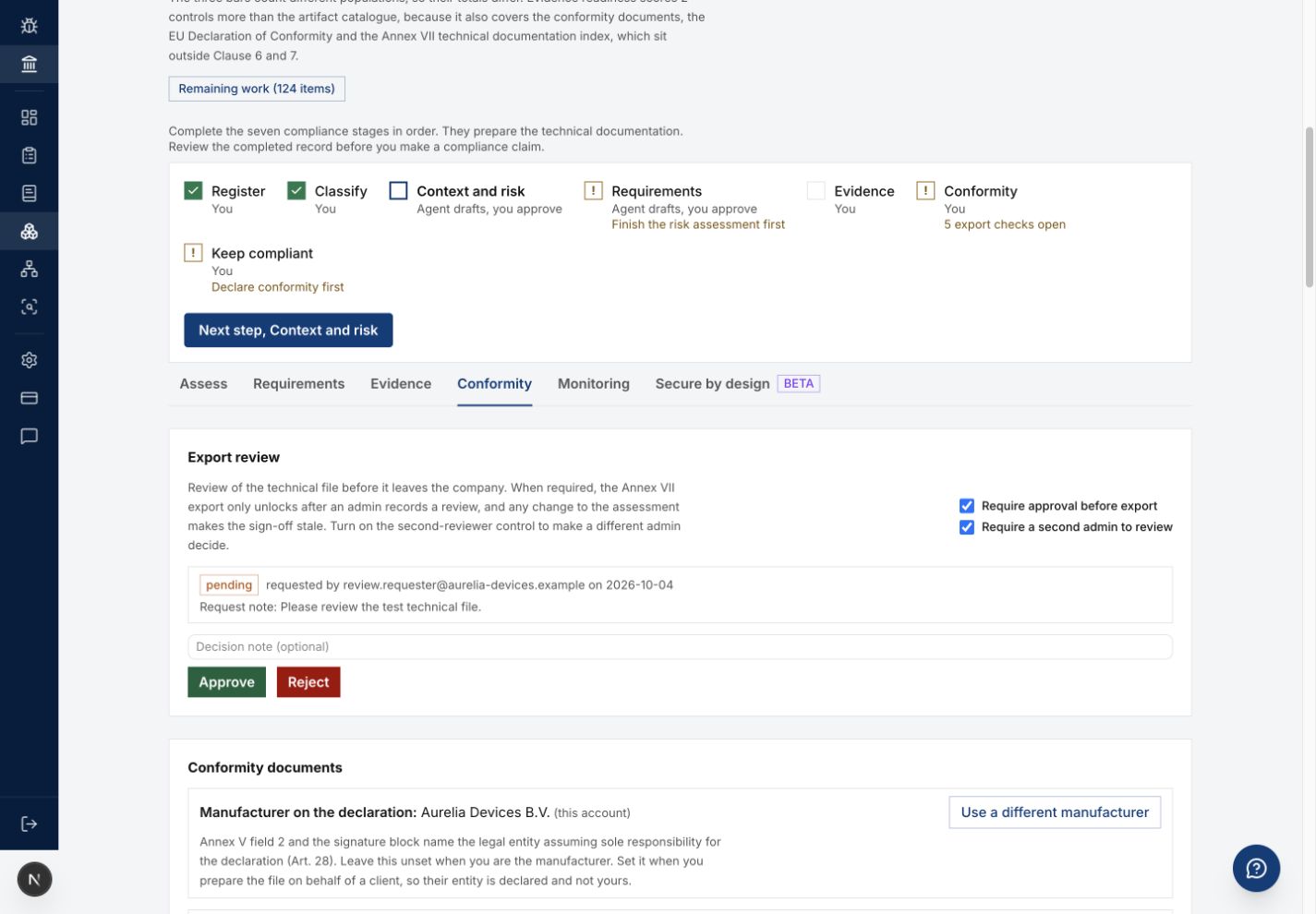 Export review panel with approval controls