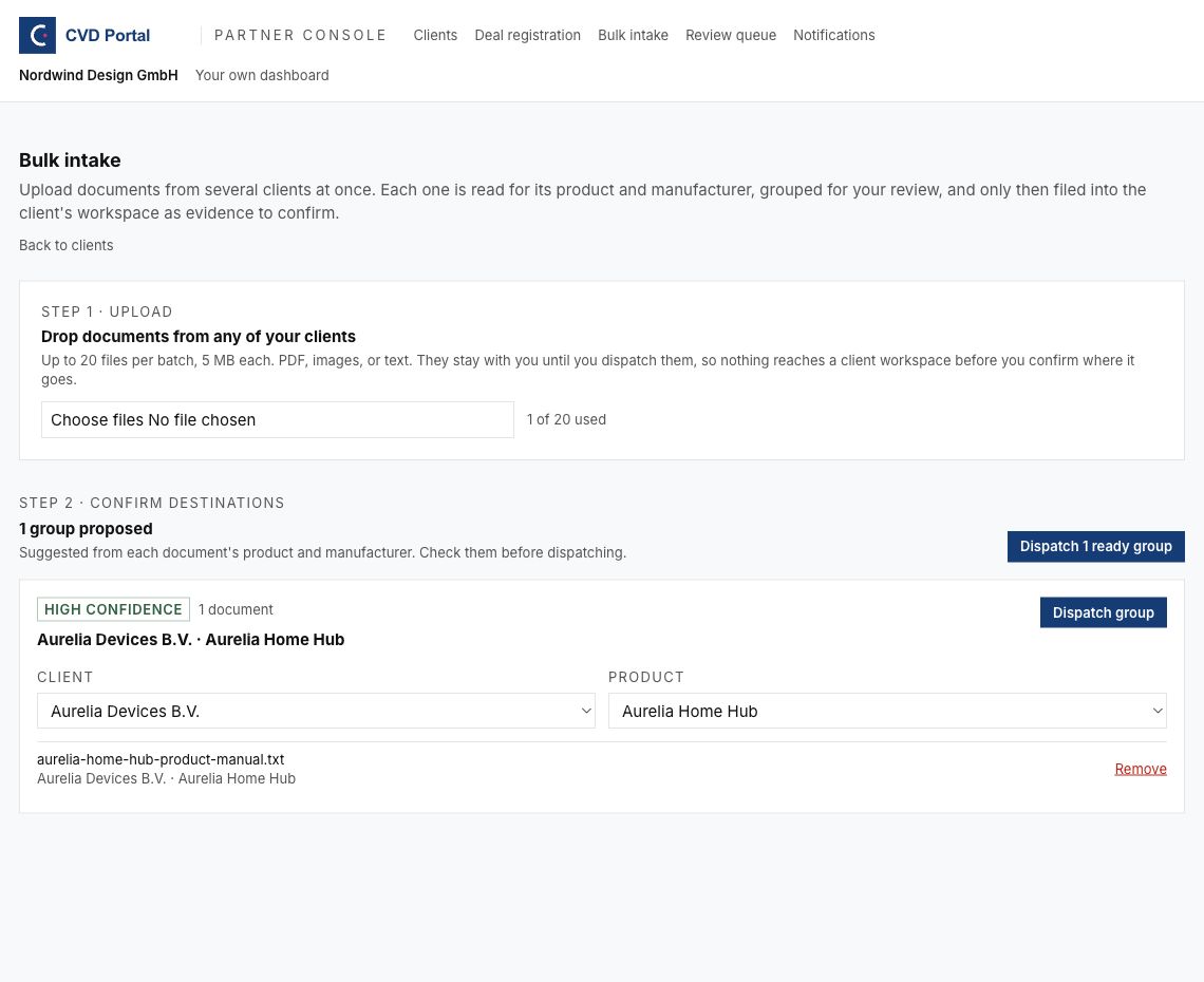 Bulk intake with a document group and client and product selectors