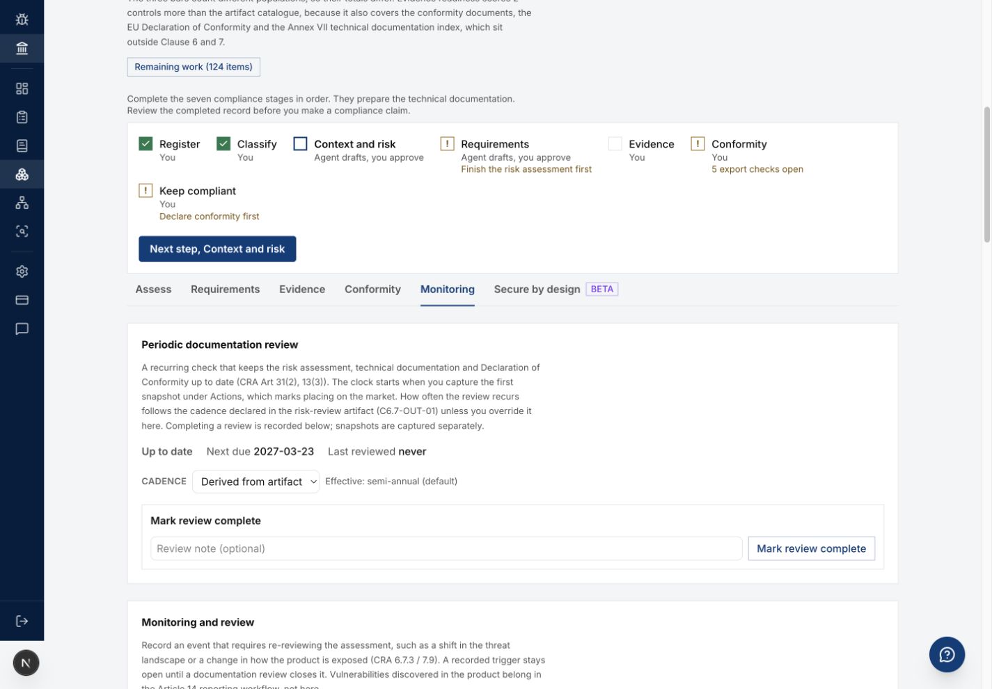 Monitoring tab with review cadence and completion controls