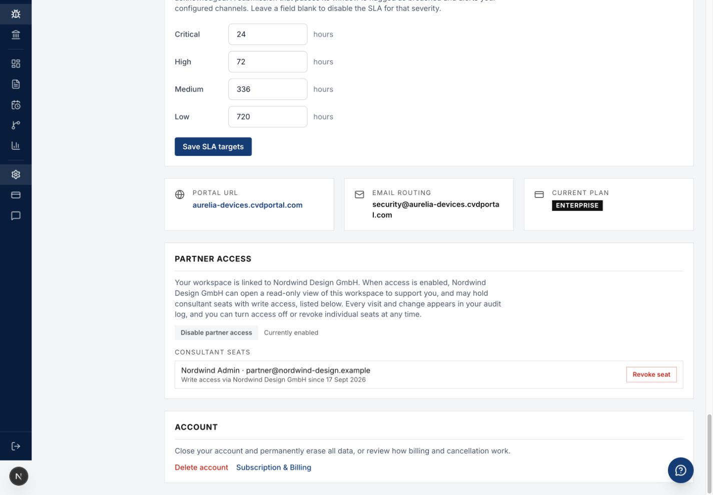 Client administrator Partner Access section with seat revocation controls