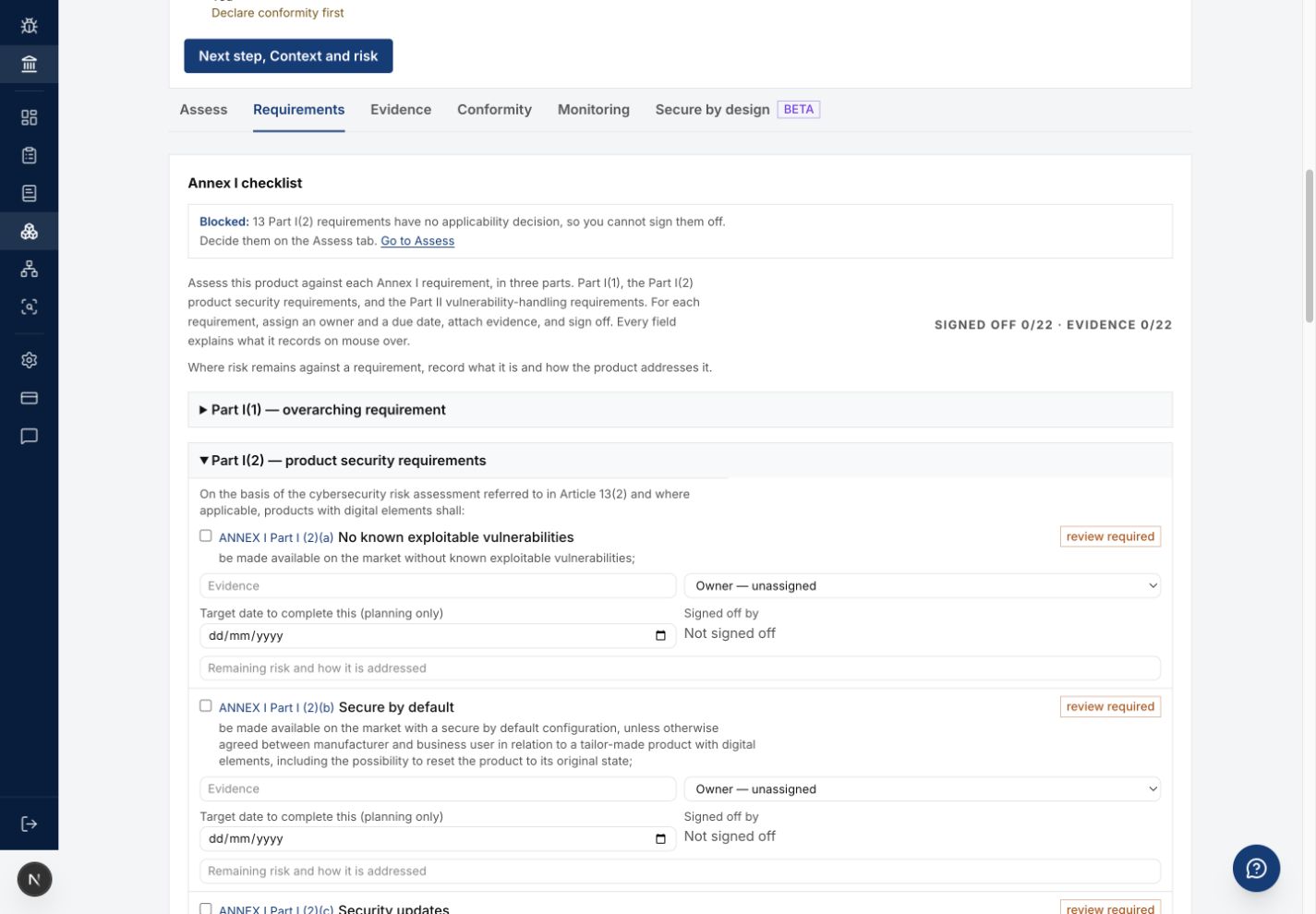 Requirements tab with checklist inputs
