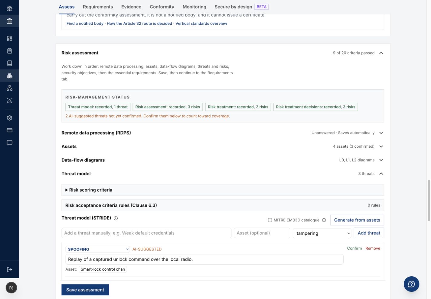 Risk assessment with assets and threat controls
